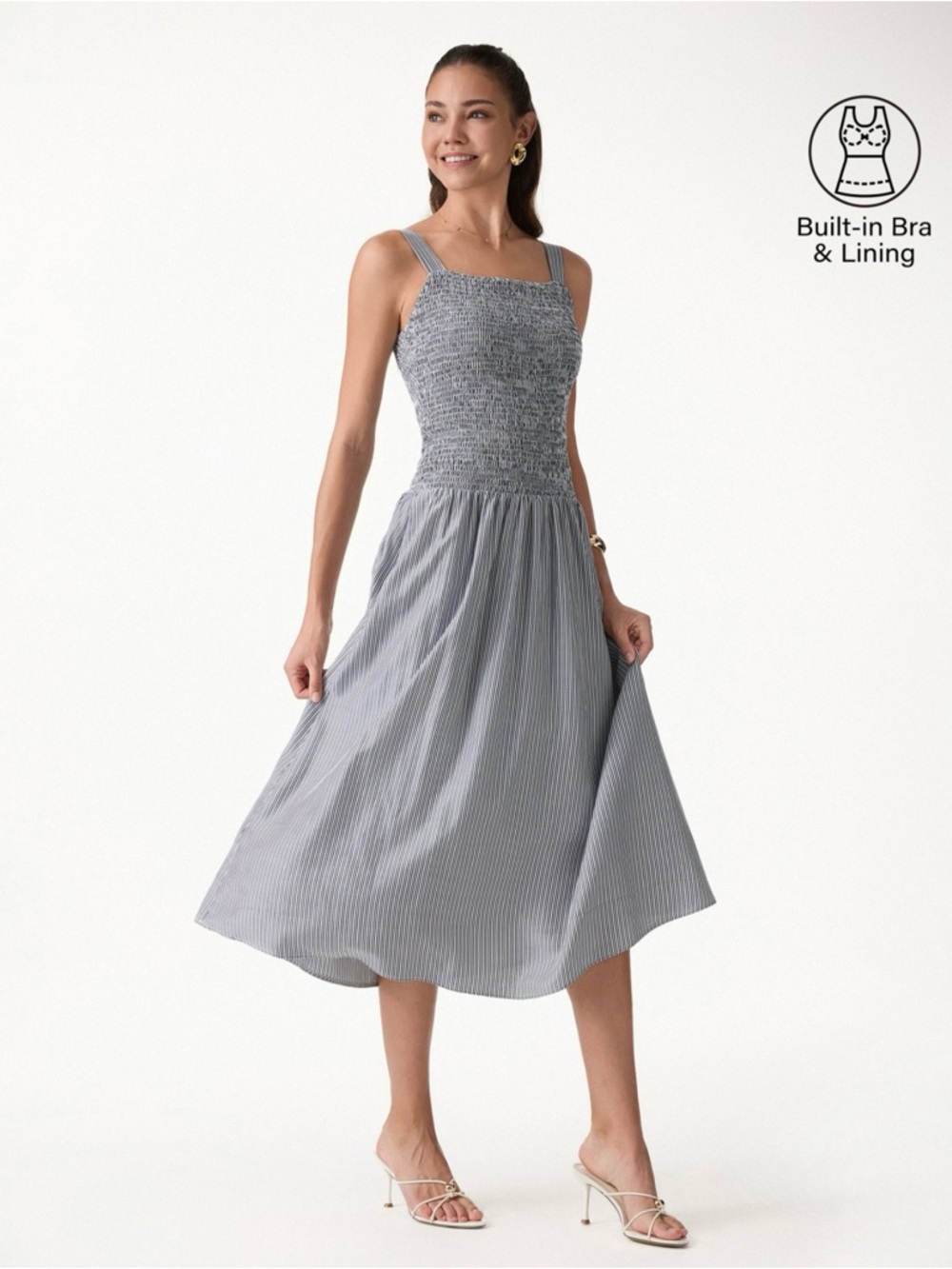 OGL Gray Striped Smocked Square-Neck Midi Dress
